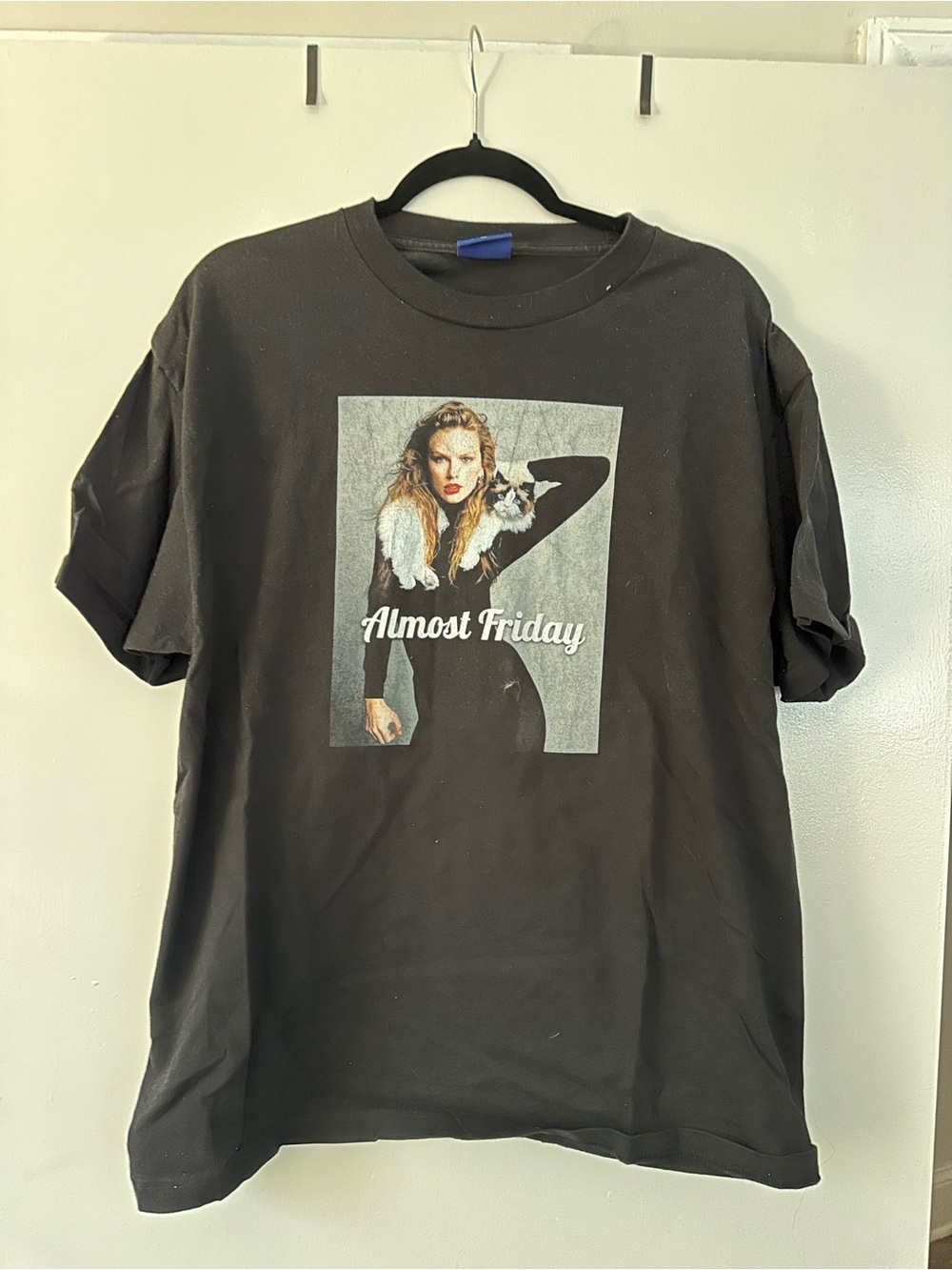 Almost Friday Black Graphic Tee - Taylor Swift and Cat